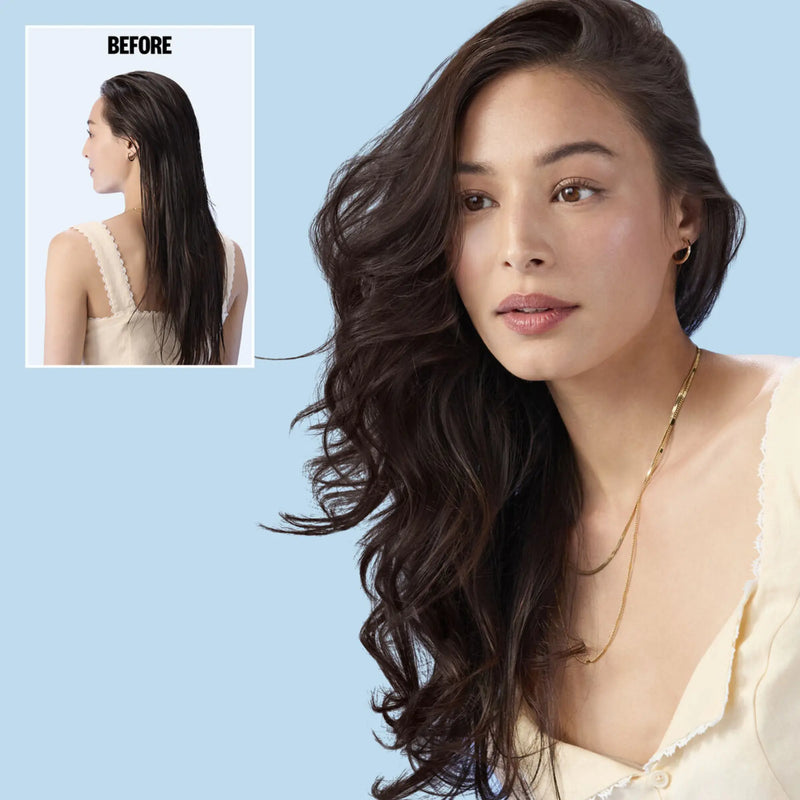 Woman with styled hair on a blue background, with an inset showing 'Before' hairstyle.