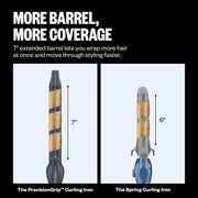 Comparison of two curling irons with text about barrel size and coverage.