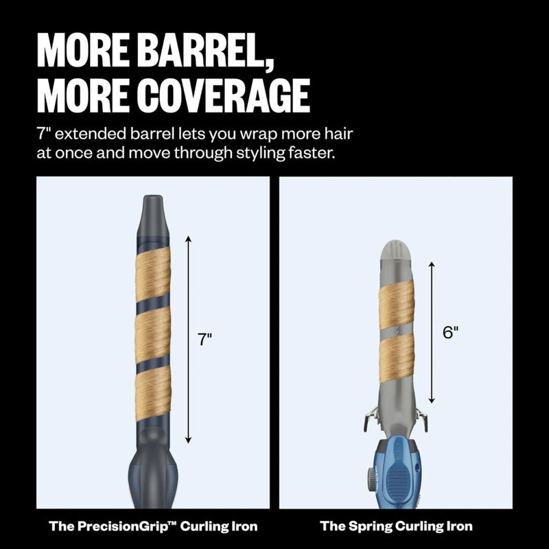 Comparison of two curling irons with text about barrel size and coverage.