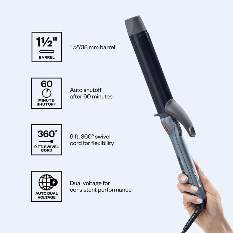 Hair straightener with features listed on a light gray background