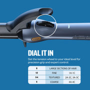 Hair straightener with tension wheel adjustment on a blue background
