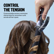 Hair straightener being used on hair with text about customizable tension for smoother curls.