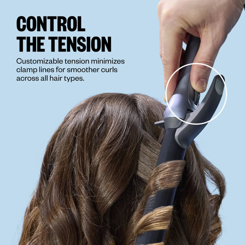 Hair straightener being used on hair with text about customizable tension for smoother curls.