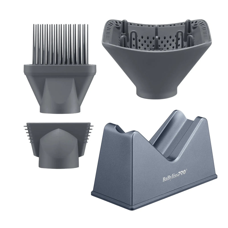Set of 3 gray hair dryer attachments, including a comb, diffuser, and stand, on a white background