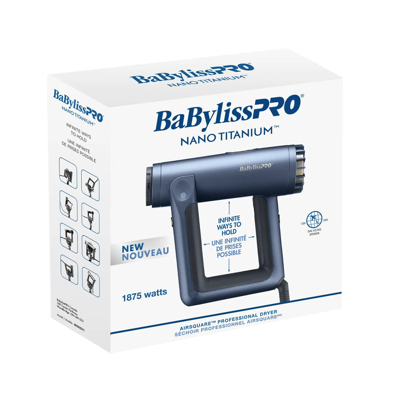 BaBylissPRO Nano Titanium Airsquared hair dryer packaging on a white background