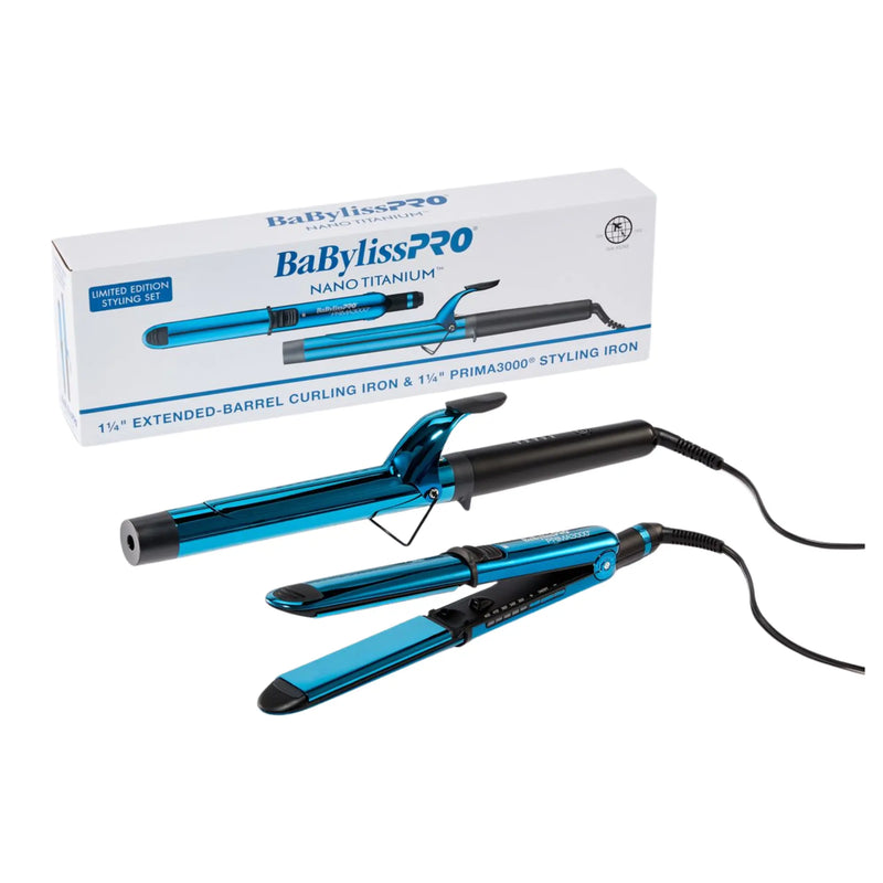 BaBylissPRO Prima 3000 curling iron and straightener alongside its packaging box on a white background 