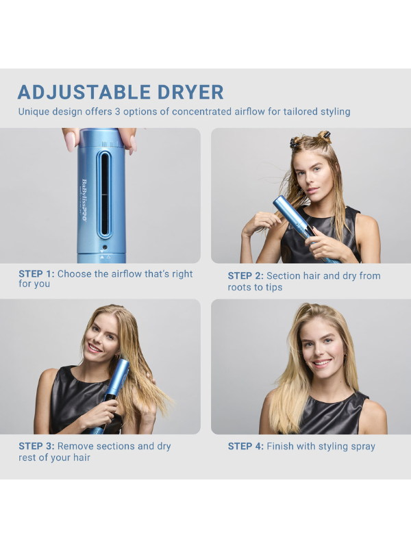 Instructions for using an adjustable dryer with a woman demonstrating the process on a gray background.