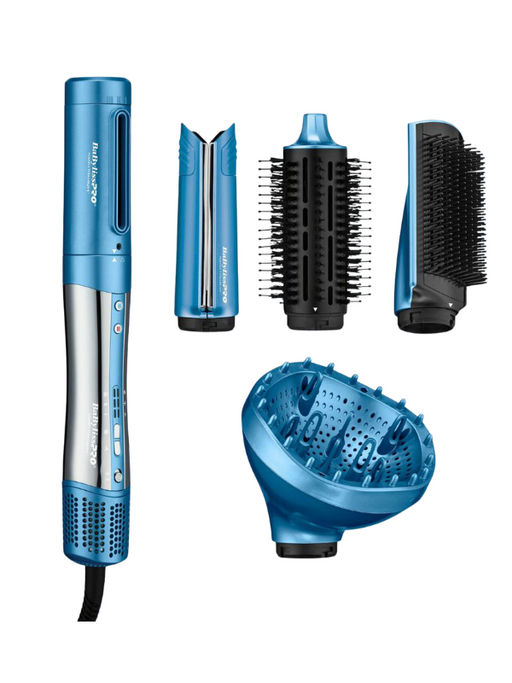 Blue hair styling tool set with multiple attachments on a white background