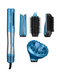 Blue hair styling tool set with multiple attachments on a white background