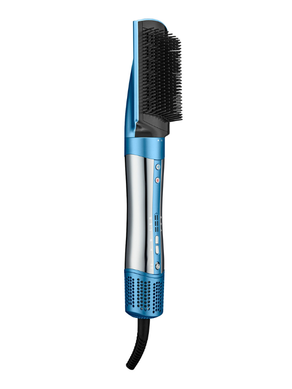 Blue and silver hair straightener on a white background