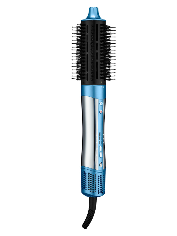 Blue and black hair styling tool on a white background