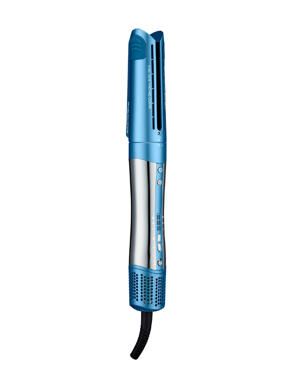 Blue hair straightener on a white background
