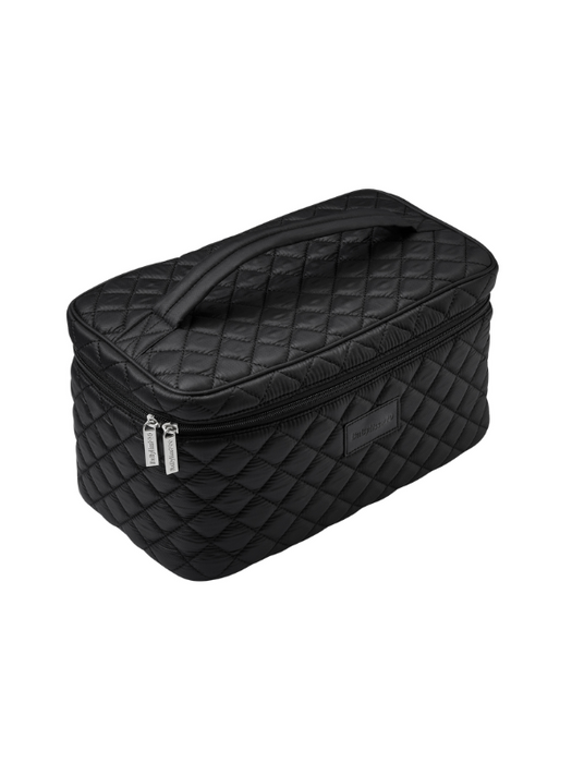 Black quilted cosmetic bag on a white background