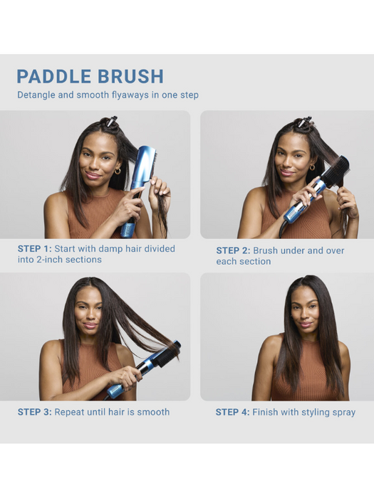 Step-by-step guide on using a paddle brush for hair care with a woman demonstrating the process.