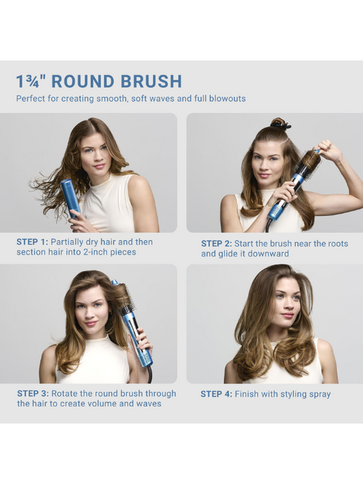 Step-by-step guide on using a round hairbrush with a woman demonstrating each step.