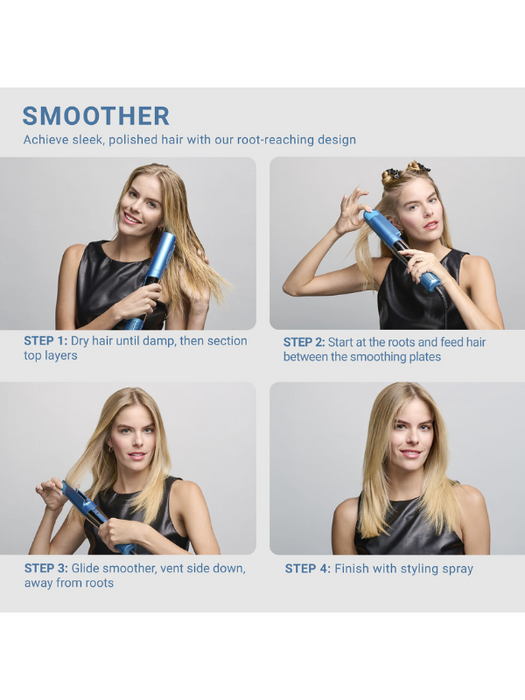 Step-by-step guide on using a hair smoother with a woman demonstrating the process.