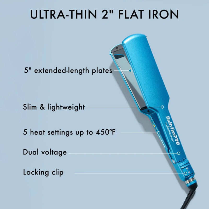 Blue flat iron with features listed on a light blue background