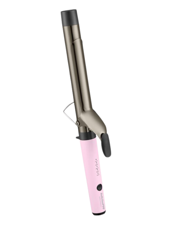 Hair curling iron with pink handle and silver body on a white background