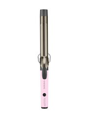 Hair straightener with pink handle and metallic body on a white background