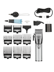 Hair trimmer set with attachments and cable on a white background