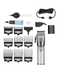 Hair trimmer set with attachments and cable on a white background