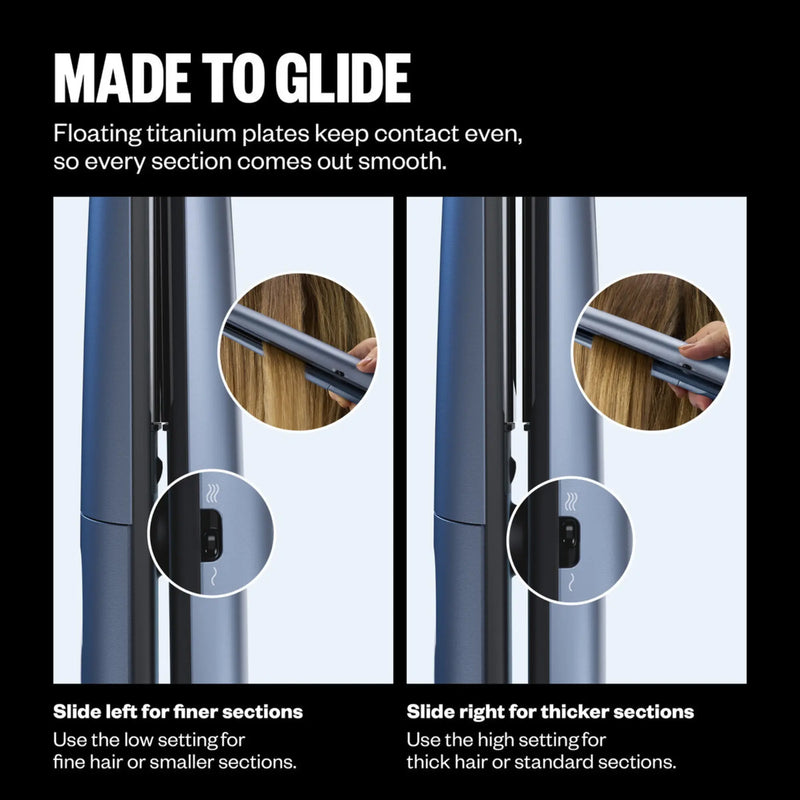 Hair straightening tool with floating titanium plates and instructions on how to use it.