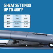 BaBylissPRO hair styling tool with heat settings chart on a blue background