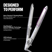 Hair straightener with features highlighted on a black background