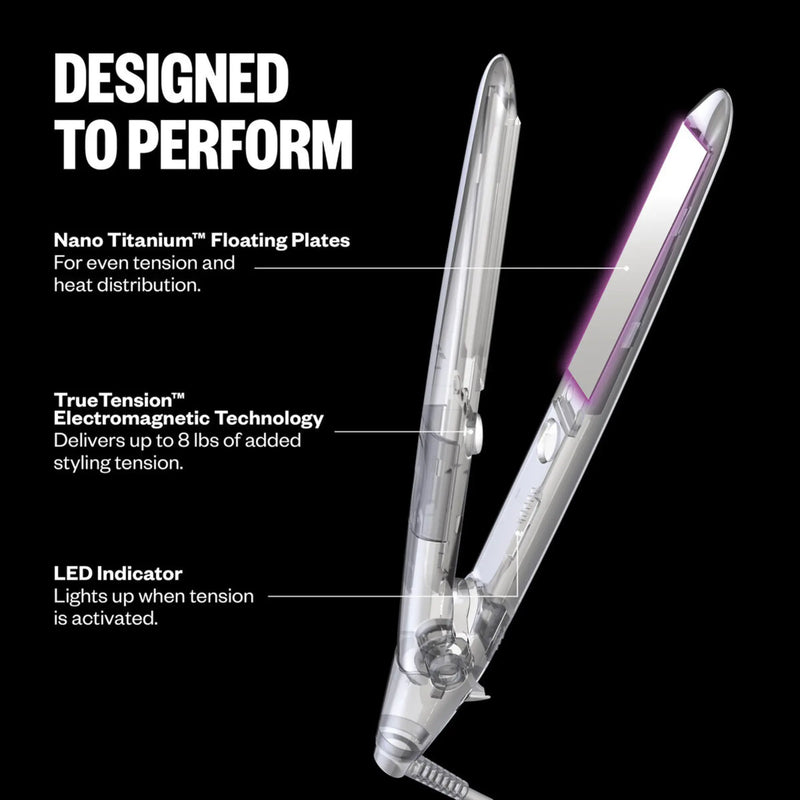 Hair straightener with features highlighted on a black background