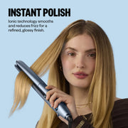 Woman using a hair straightener with text about instant polish and ionic technology on a light blue background