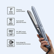 Hair straightener with features listed on a light gray background