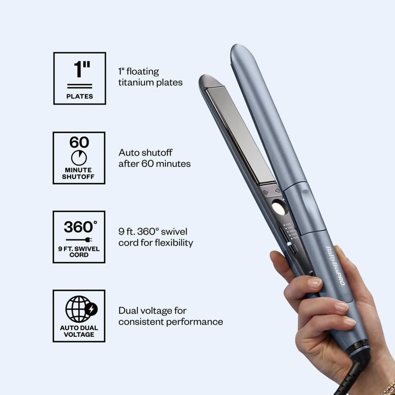 Hair straightener with features listed on a light gray background