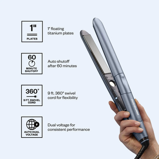Hair straightener with features listed on a light gray background
