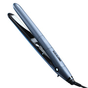 Hair straightener with visible brand name on a light gray background