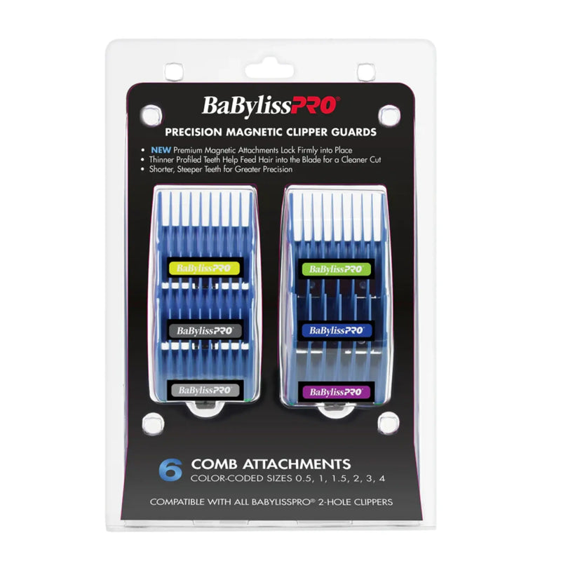 Set of 6 BaBylissPRO Clipper guide set in its packaging labeled precision magnetic clipper guards on a white background 