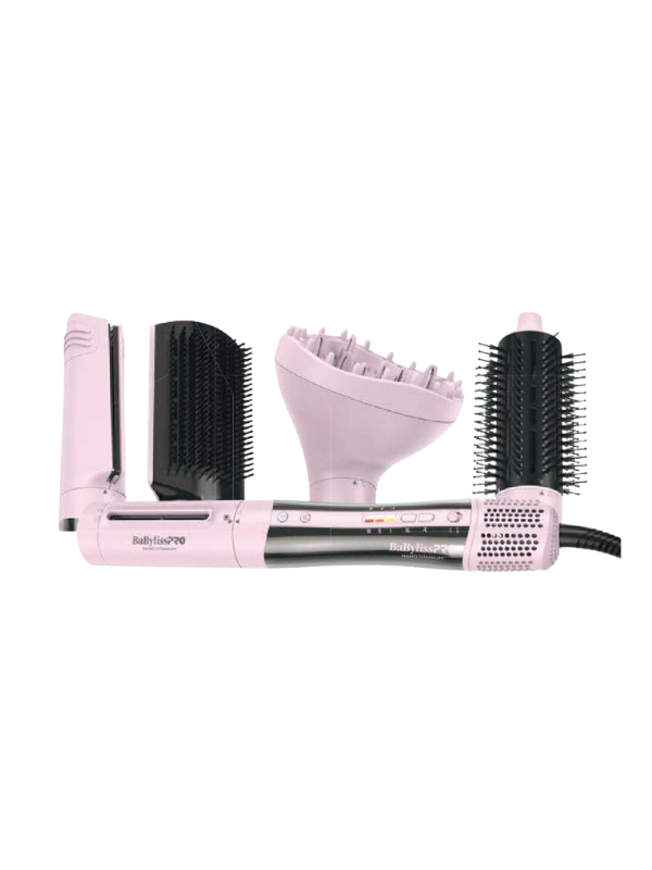 BaBylissPRO Nano Titanium Limited Edition Style/Switch Ionic Multi-Styler & Dryer in pink color with various attachments.