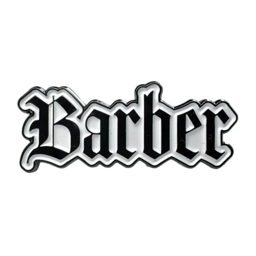 Black and white pin spelling barber on a white background 