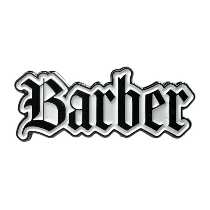 Black and white pin spelling barber on a white background 