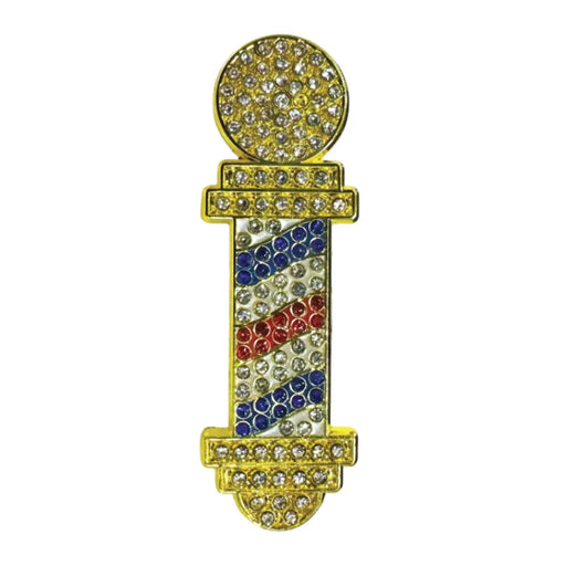 gemstones with barber pole tricolor on a gold pin barber pin on a white background 