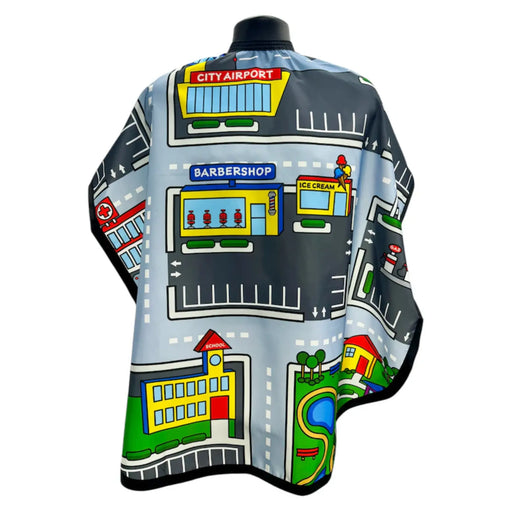 Kids barber cape with city streets design on a white background