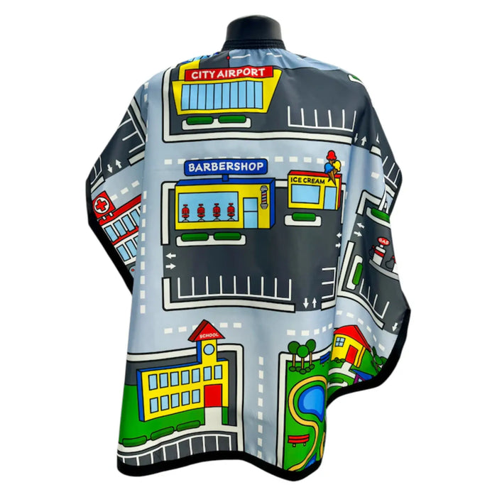 Kids barber cape with city streets design on a white background