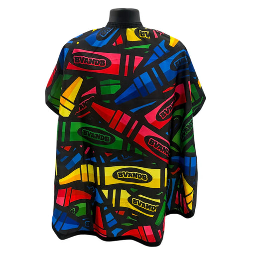 Kids barber cape with crayons design on a white background