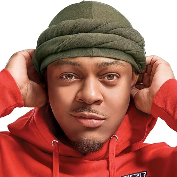 Person wearing a red hoodie and olive hair turban against a white background