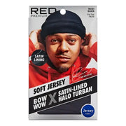 Product packaging for a black satin-lined halo turban with a man wearing it, featuring the brand 'Bow Wow'.