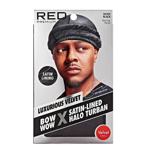 Packaging of a satin-lined halo turban with a person wearing it, featuring the brand 'Bow Wow'.