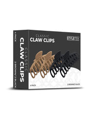 Two black and two brown matte finished rubberized claw clips Packaging on white background