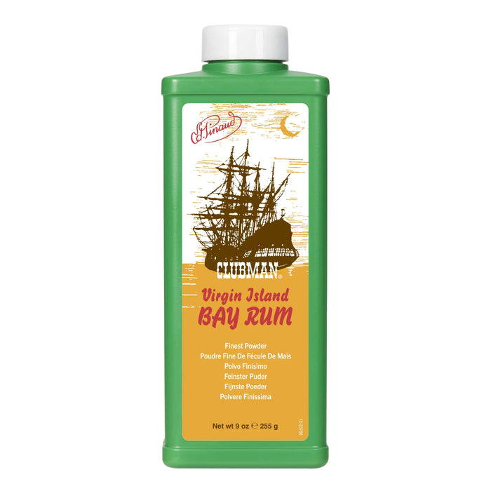 Clubman Virgin Island Bay Rum bottle with green label featuring a ship illustration on a white background