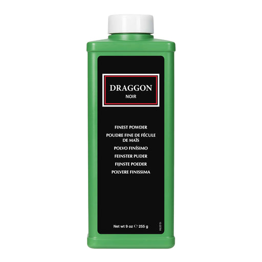 Green bottle of Draggon Noir powder on a white background
