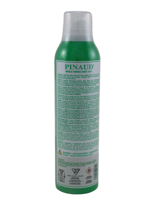 Green hair spray bottle with Pinaud label on a white background