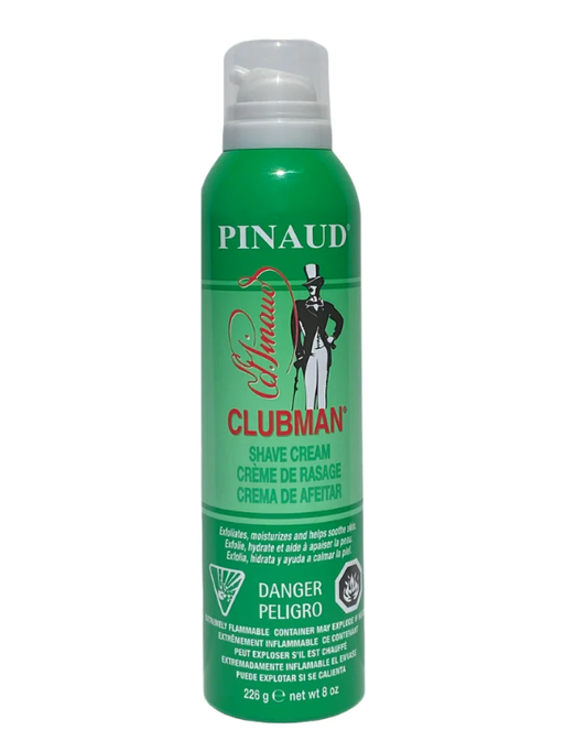 Green bottle of Pinaud Clubman Shave Cream on a white background